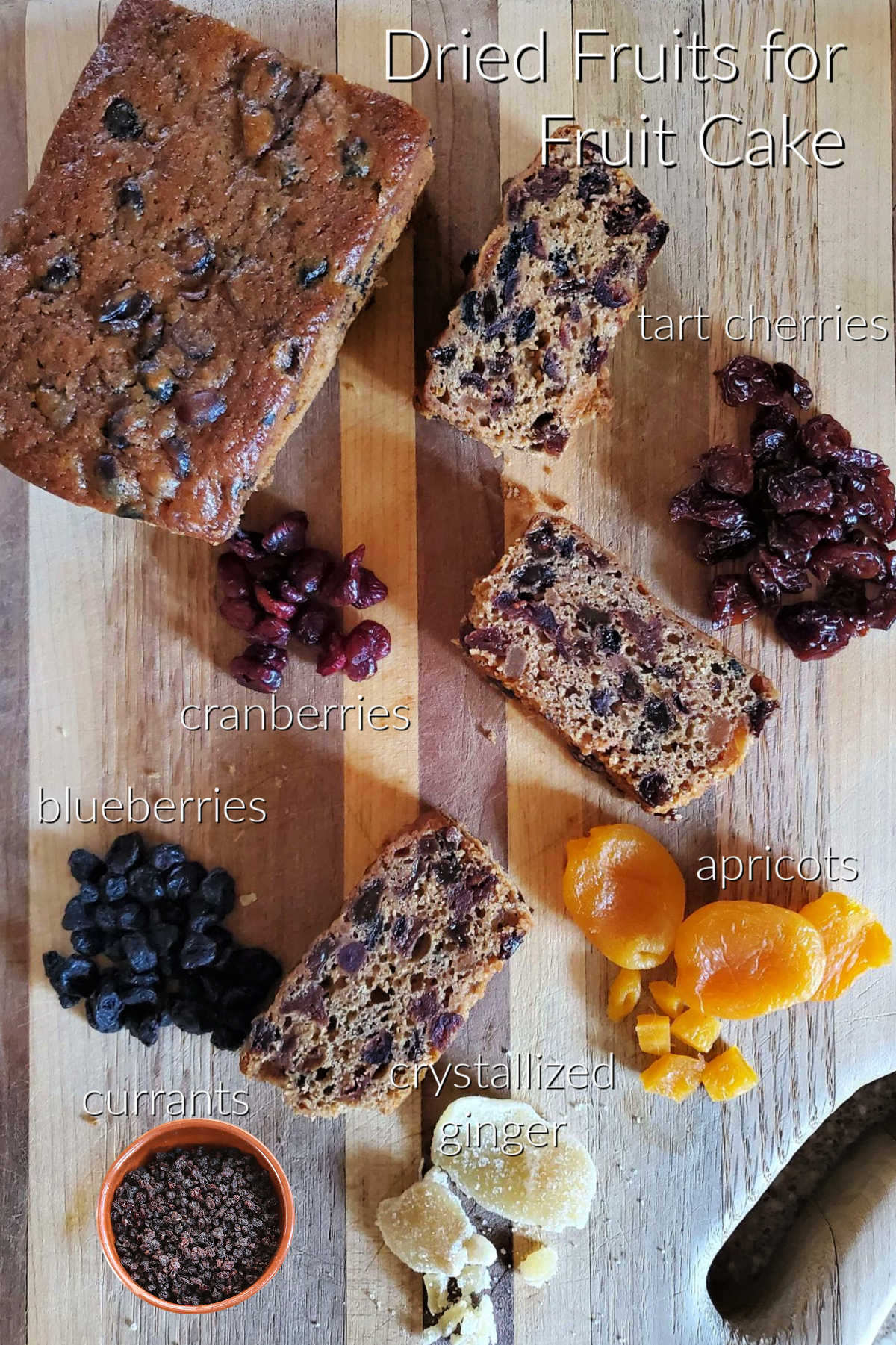 Collage of free range fruit cake and the dried fruit ingredients needed to make it.