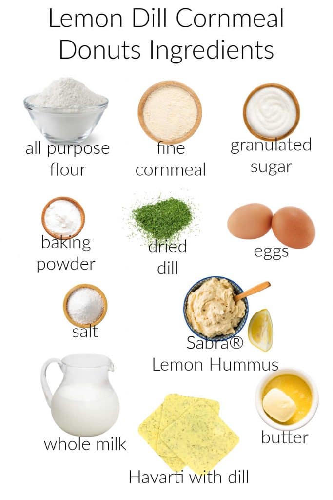 collage of ingredients for making lemon dill cornmeal donuts