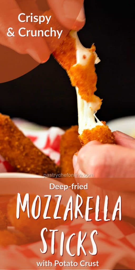 pin showing cheese pull text reads "crispy and crunchy deep-fried mozzarella sticks"
