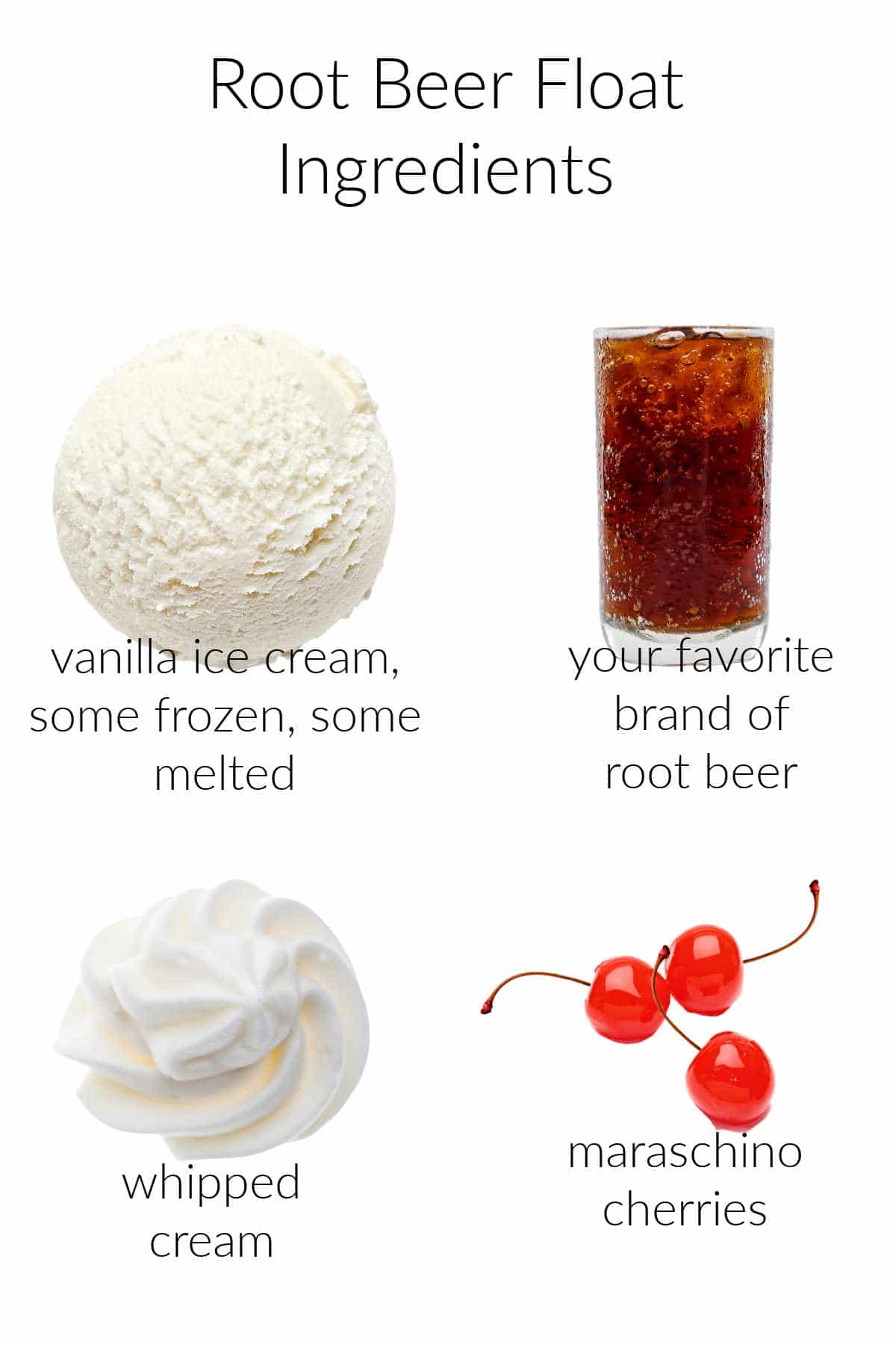 Collage of ingredients for making a creamy root beer float.
