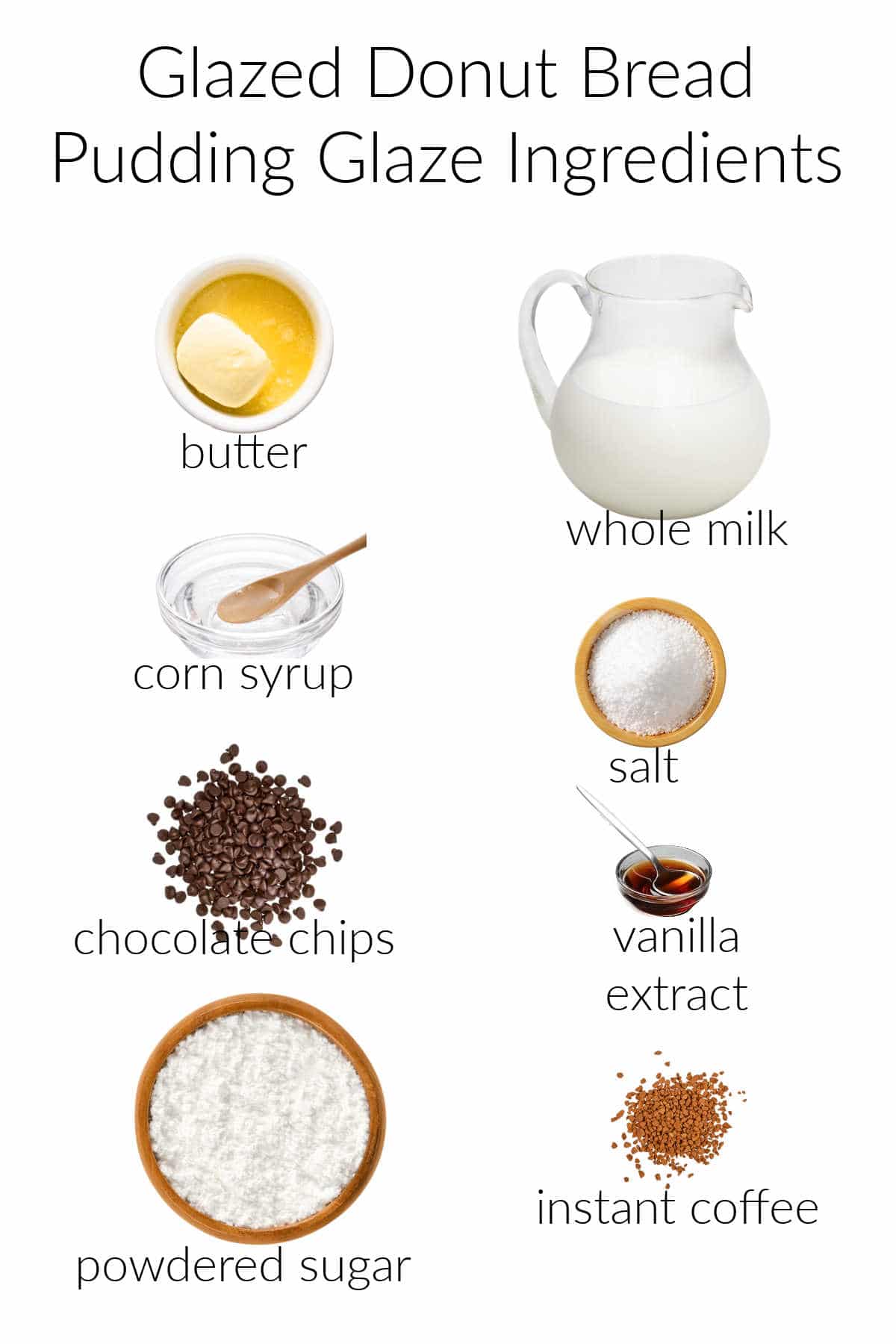 A collage of ingredients for the chocolate glaze: Butter in a white ramekin, whole milk in a clear pitcher, clear corn syrup in a glass bowl with a wooden spoon, salt in a wooden bowl, chocolate chips poured in a pile, vanilla extract in a clear glass bowl with a metal spoon, powdered sugar in a wooden bowl, instant coffee granules poured in a pile.