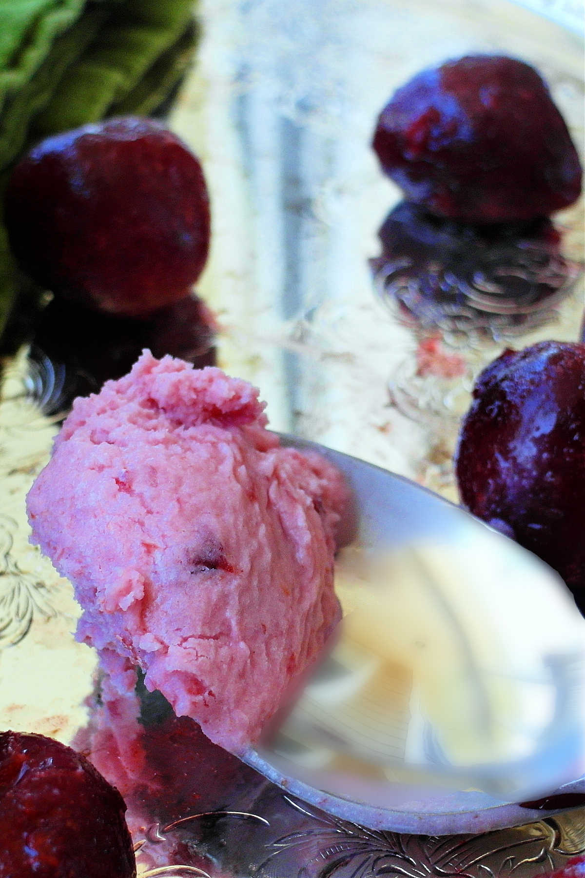 A spoonful of pink sour cherry ice cream.