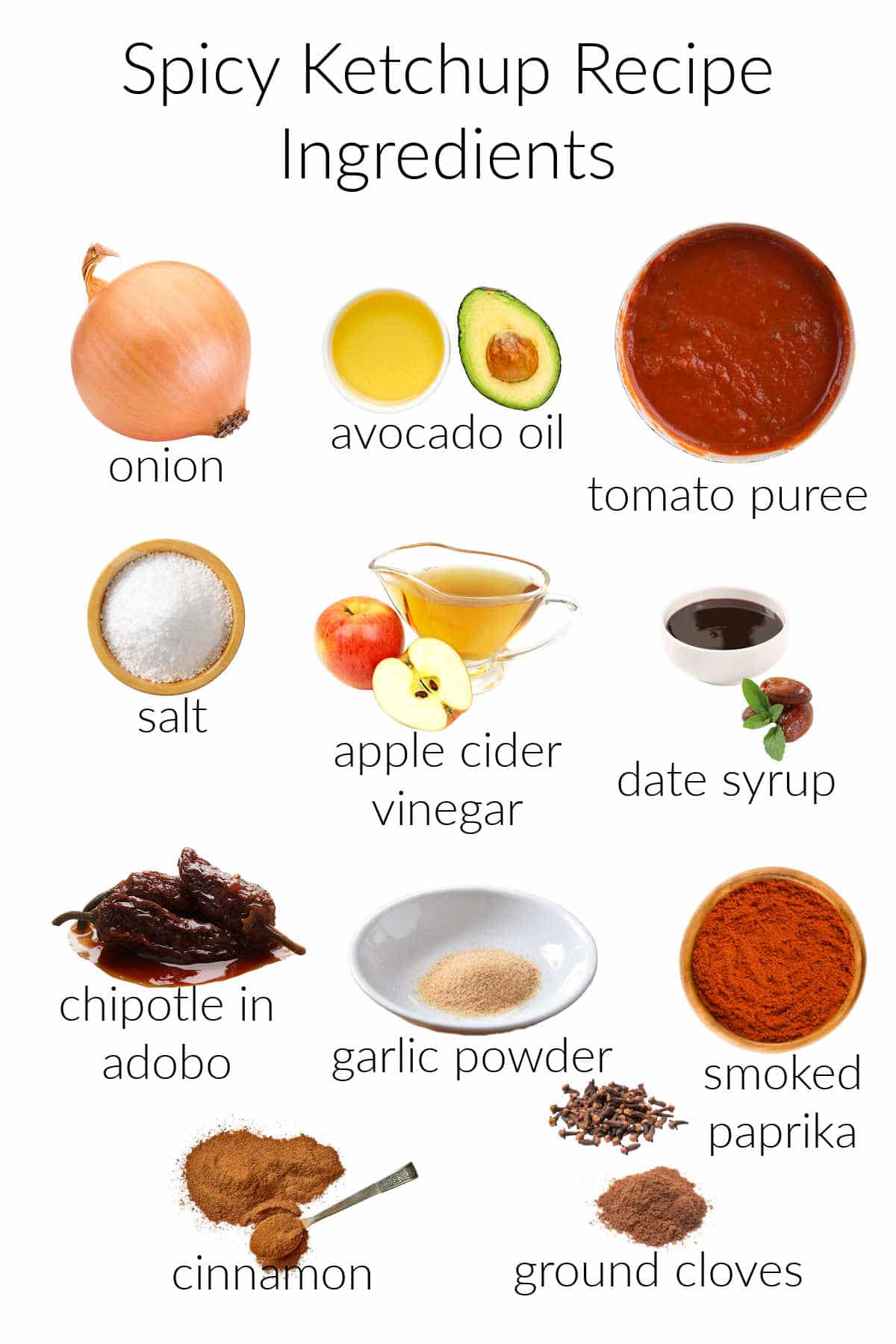 Collage of ingredients needed for making spicy whole 30 ketchup.