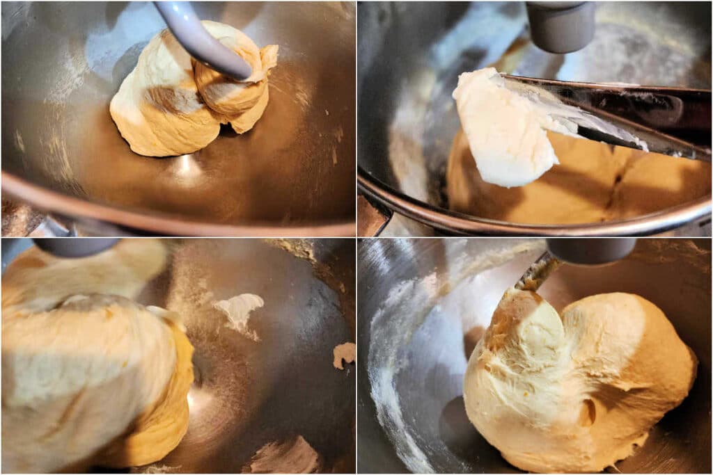 A collage of four images: 1)Smooth dough wrapped around the dough hook in a mixer bowl. 2)A knife with a small piece of cream cheese on it getting ready to be kneaded into the dough. 3)Cream cheese smeared on the inside of the mixer bowl as it gets kneaded into the dough. 4)The finished dough, which is a bit lighter in color than the dough before adding cream cheese.