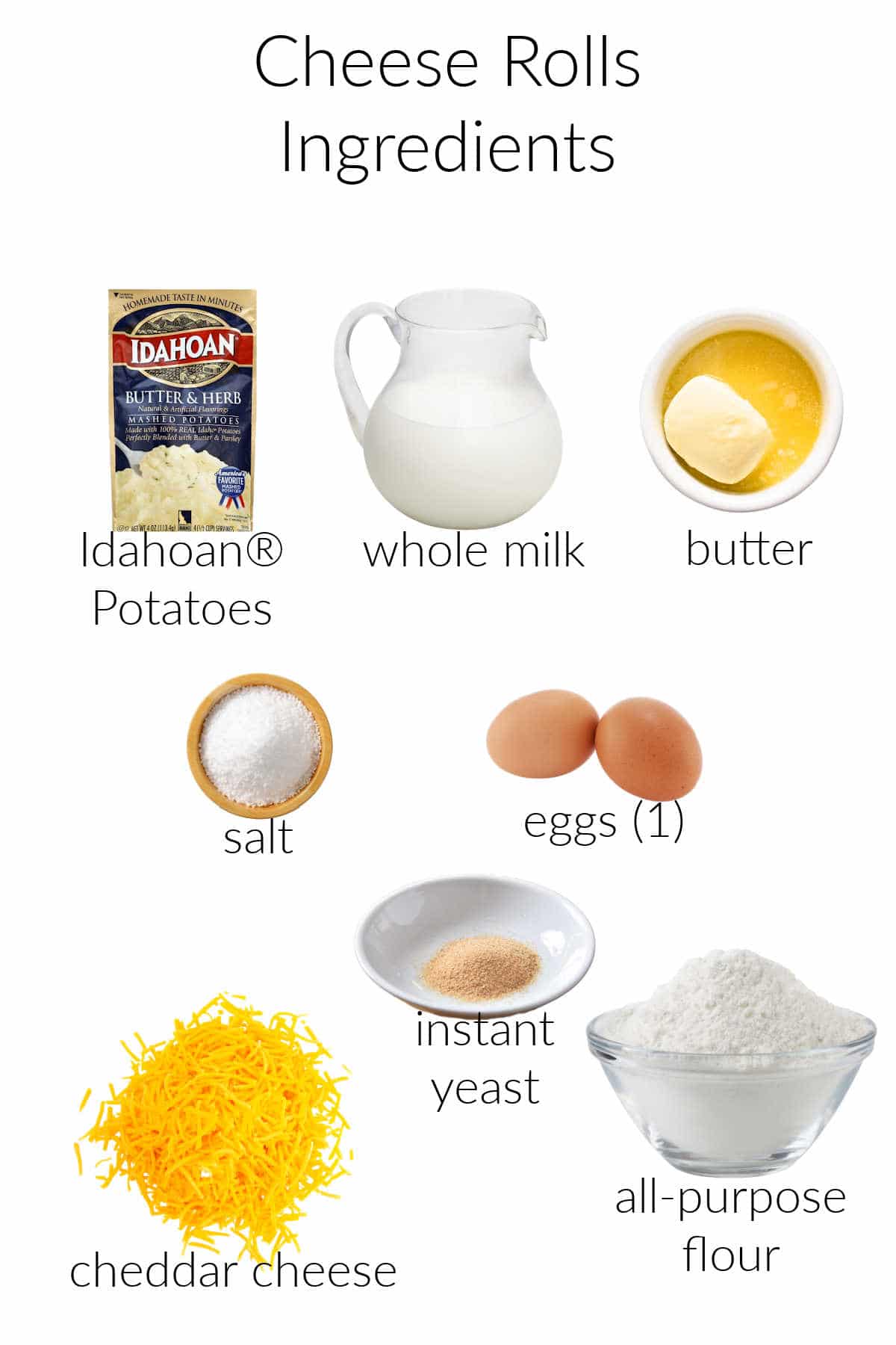Collage of ingredients for making cheese rolls.