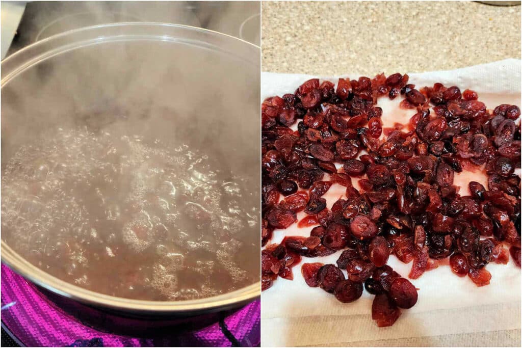 A collage of two images: 1)cranberries boiling in a pan of liquid, and 2)Rehydrated cranberries spread out on several layers of paper towel to cool.