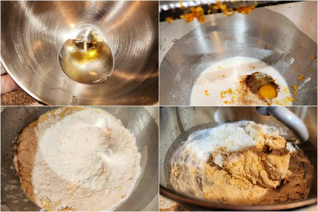 A collage of 4 images: 1)Water and a little maple syrup in the bottom of a metal mixing bowl. 2)milk, an egg, spices, salt, and yeast in the bottom of a metal mixing bowl with orange zest being grated in using a Microplane. 3)The mixing bowl with a bunch of bread flour dumped on top of the liquid ingredients, and 4)A shaggy dough starting to form in the mixing bowl fitted with the dough hook.