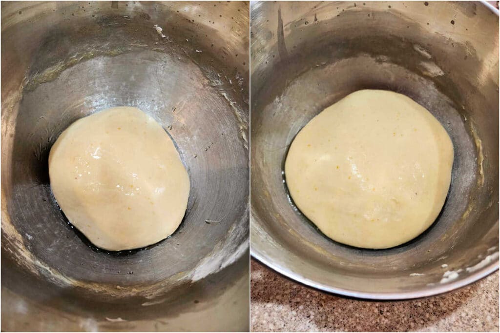 A collage of 2 images showing a ball of dough in a mixing bowl, before and after rising. The second dough ball is much larger than it was to begin with in the first image.