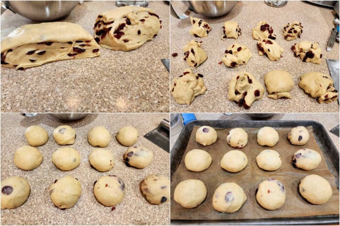 A collage of 4 images. showing how to shape cranberry buns. 1)The dough divided in half, showing the cranberries layered in fairly evenly. 2)The dough cut into 12 equal portions arranged on a counter. 3)The portioned dough shaped into smooth round balls. A couple have some cranberries peeking out. 4)the balls of dough arranged on a parchment-lined sheet pan and ready for their second rise.