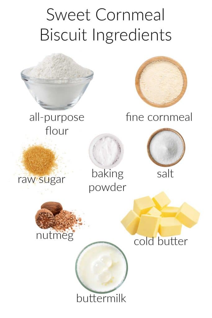 Collage of ingredients for making sweet cornmeal biscuits.