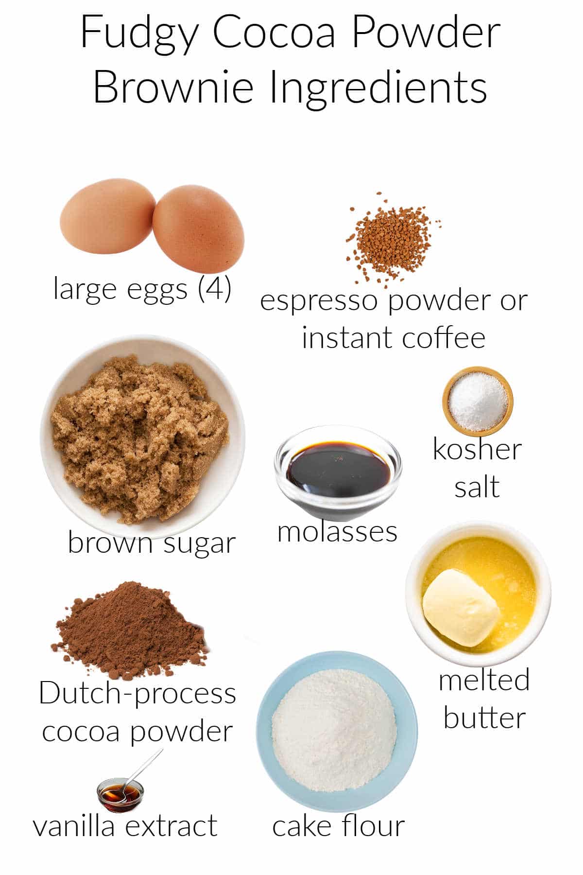 Collage of ingredients needed to make fudgy brownies.