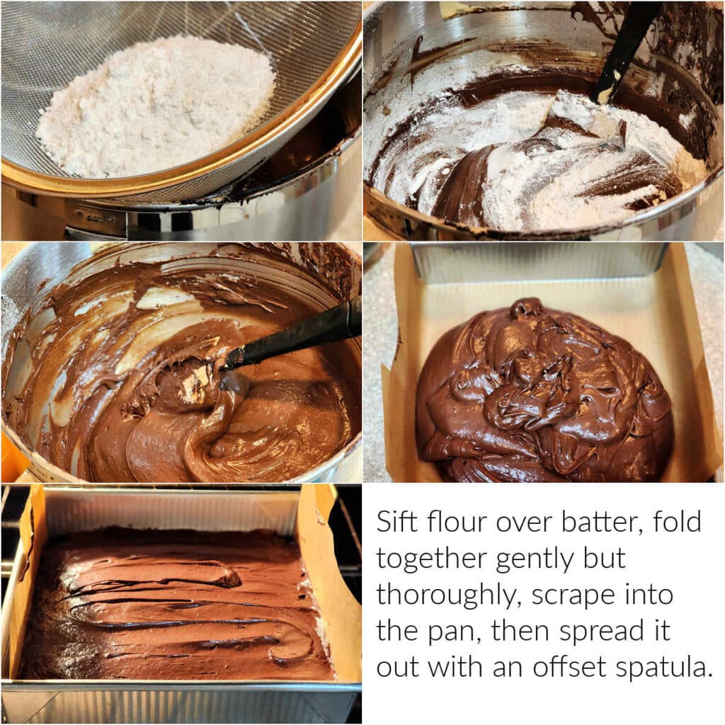 A collage of 5 images and a block of text. 1)Flour in a fine mesh strainer over a metal mixing bowl of brownie batter. 2)Folding the flour into the batter with a spatula. 3)The batter completely folded together. 4)The batter scraped into a square metal pan lined with unbleached parchment paper. 5)The batter spread evenly in the pan on a rack in the oven. 6)A block of text reading, "Sift flour over batter, fold together gently but thoroughly, scrape into the pan, then spread it out with an offest spatula."