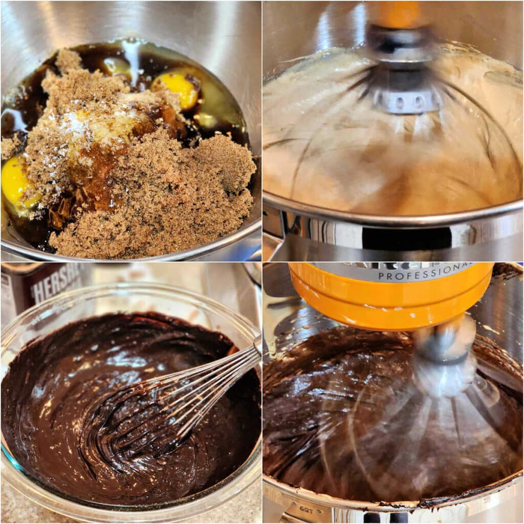 A collage of 4 images: 1)Eggs, brown sugar, salt, honey, and vanilla in a metal mixing bowl. 2)A light and fluffy mixture being whipped on a stand mixer. 3)A glass bowl of melted butter whisked together with cocoa powder. 4)The cocoa powder mixture whipping into the fluffy egg mixer on the stand mixer.