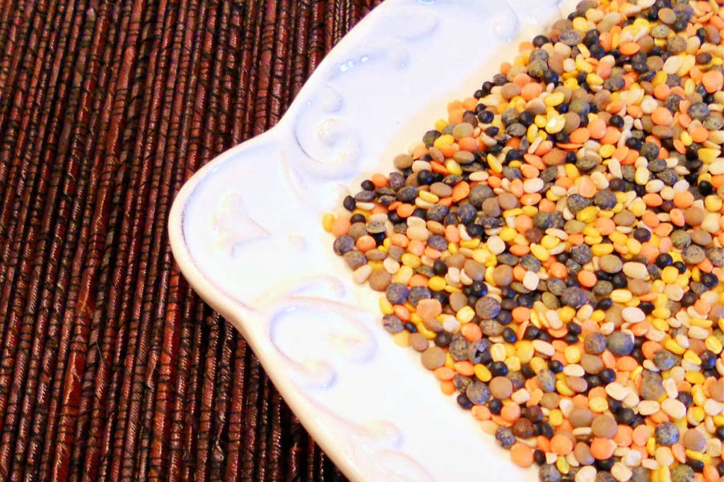 An overhead view of uncooked lentils that are yellow, orange, and brown on a white plate.