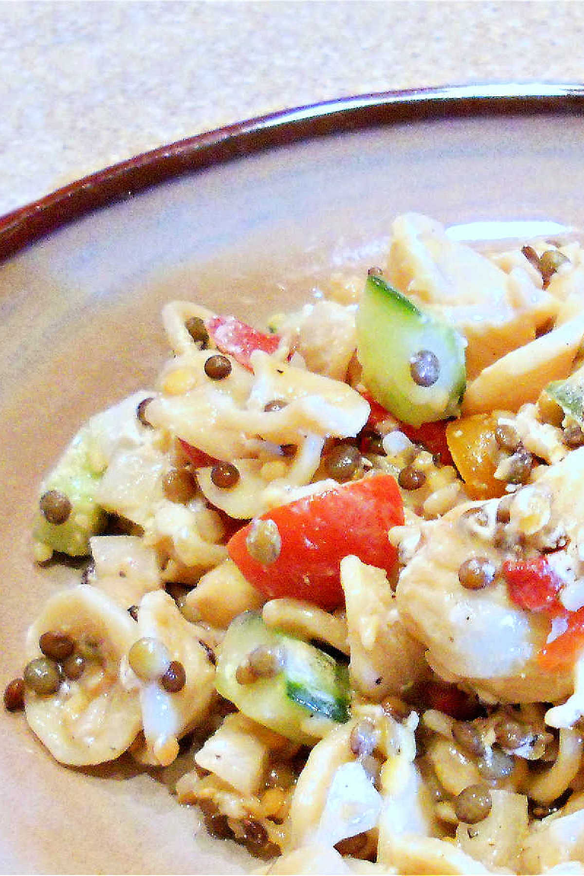 A Closeup view of pasta salad with lentils, chickpeas, and tomatoes on a plate.