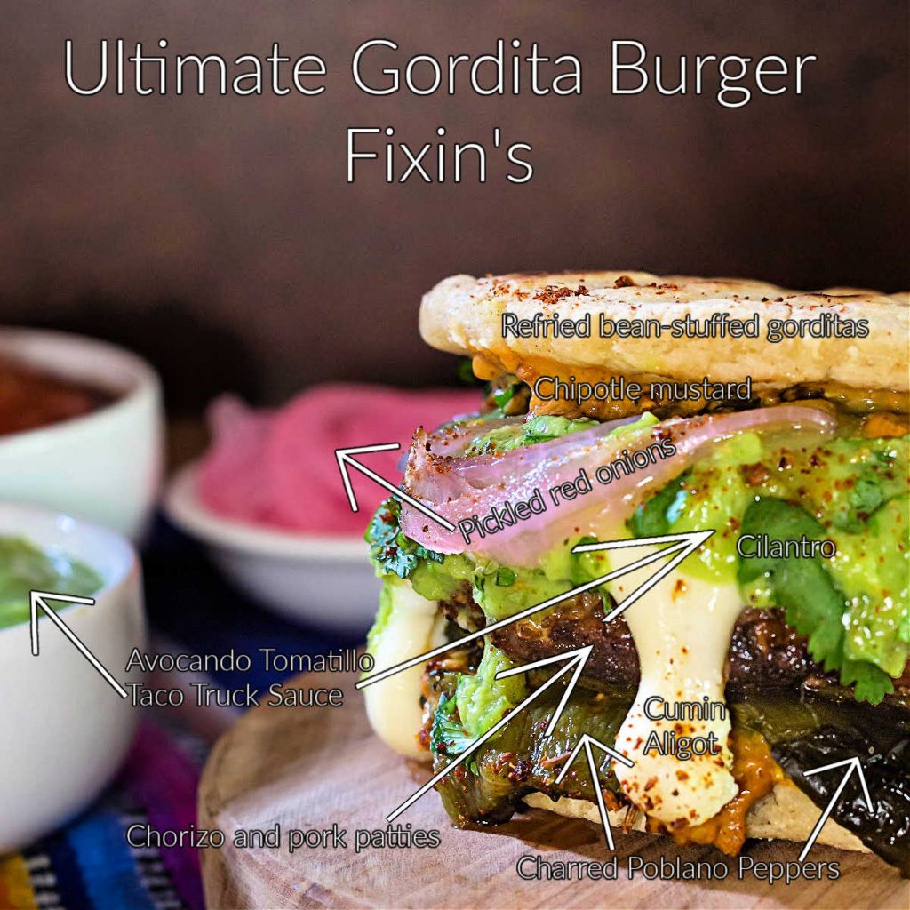 Close up of Gordita burger with text overlay naming all the components.