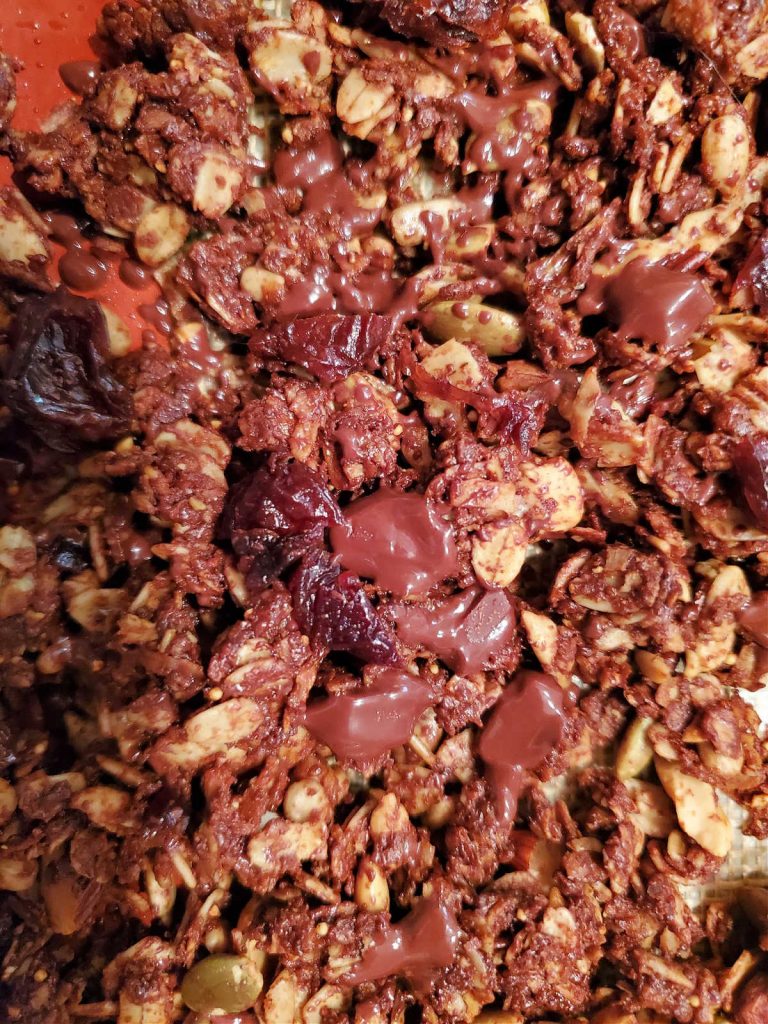 Close up of granola with bits of dried cherry and chopped chocolate melting on top.