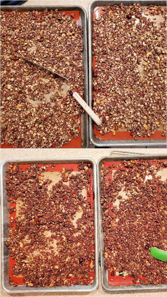 Vertical collage of 2 images showing oats and nuts before baking and after baking.