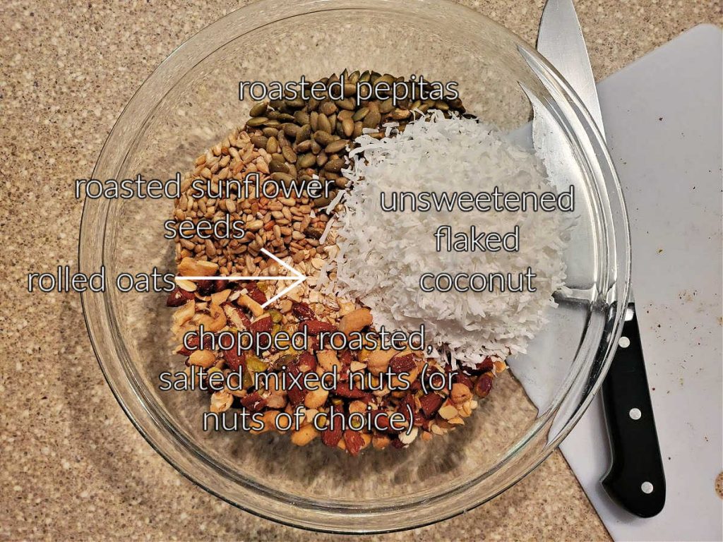 An overhead shot of a bowl of ingredients for making granola with a text overlay.