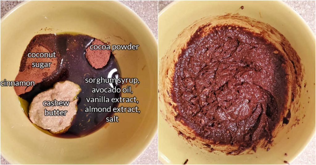 A collage of two images: one of all the ingredients for making the "goo" for the granola with text overlay, and another of them all mixed together.