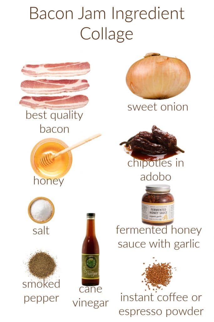 Collage of ingredients for making spicy bacon jam.