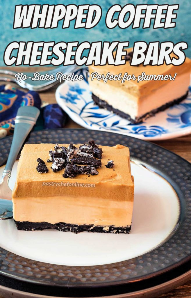 2 plated slices of no bake coffee cheesecake bars on plates with forks. Text overlay reads, "whipped coffee cheesecake bars. No bake recipe. Perfect for summer."