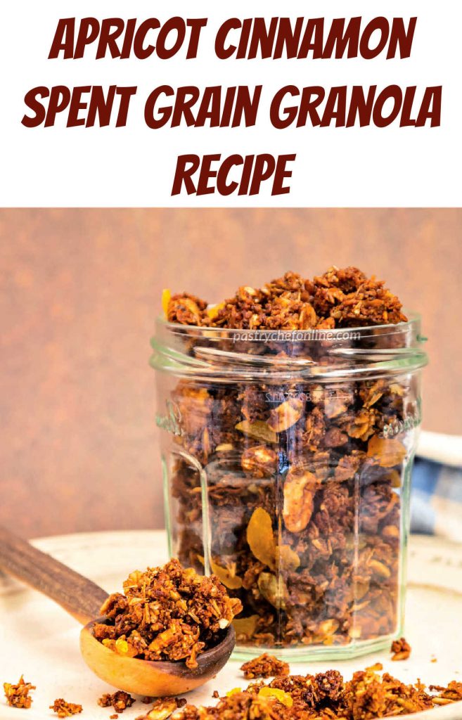 A jar of granola with text above reading, "Apricot cinnamon spent grain granola recipe."