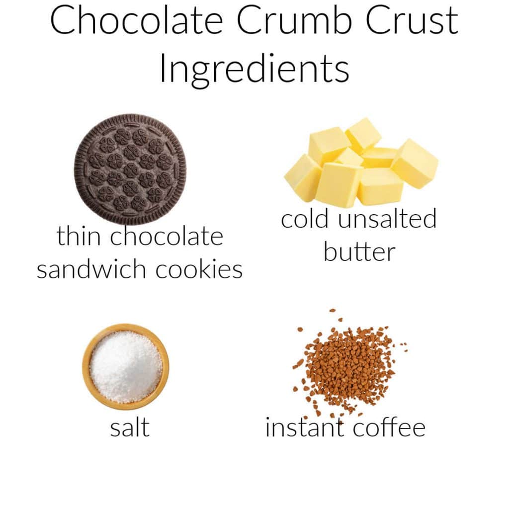 A collage of the ingredients needed for making the cookie crust for coffee cheesecake bars.