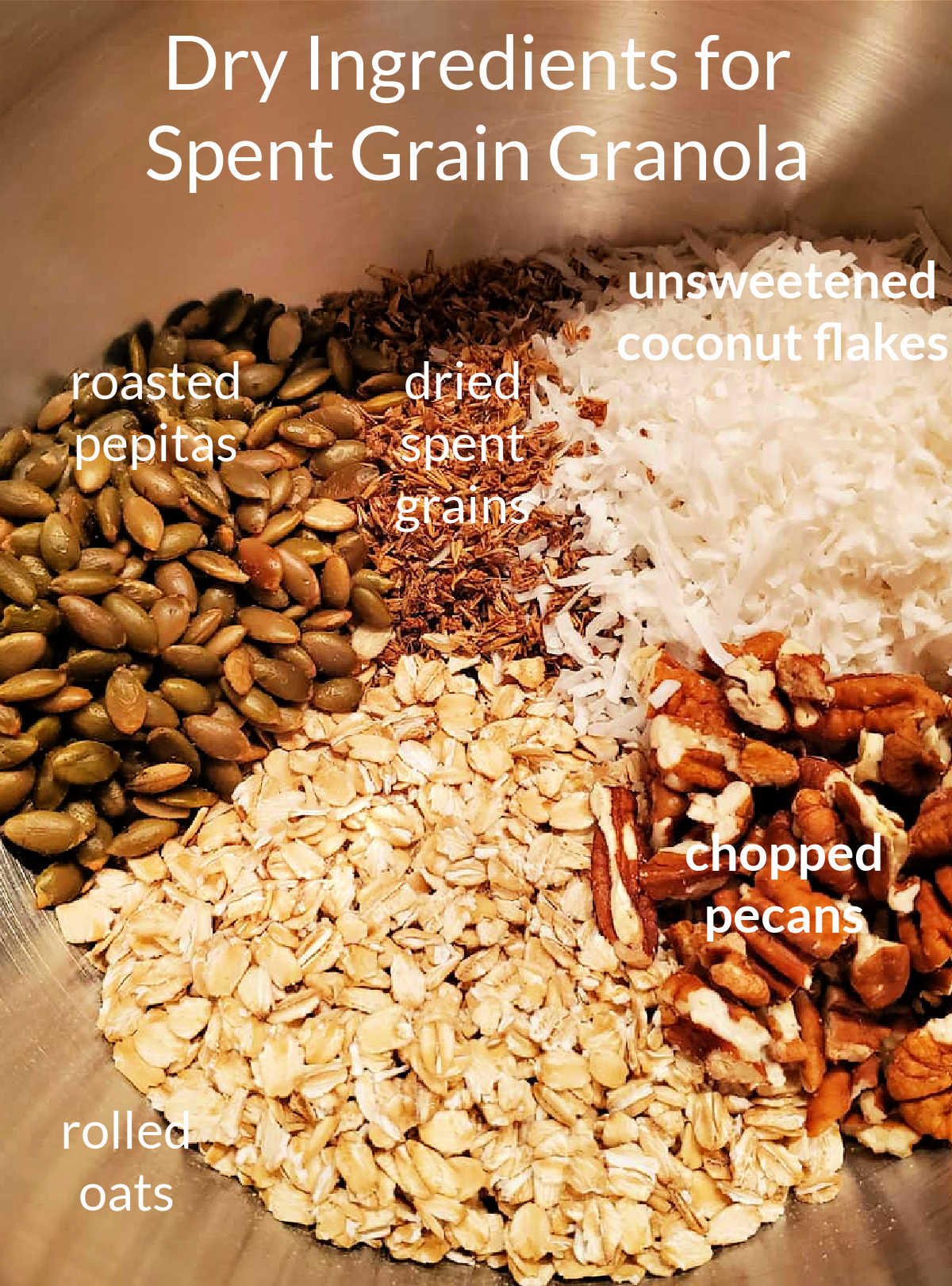 An overhead shot of the ingredients for spent grain granola with all the ingredients labeled: pepitas, spent grains, coconut, oatmeal, and pecans.