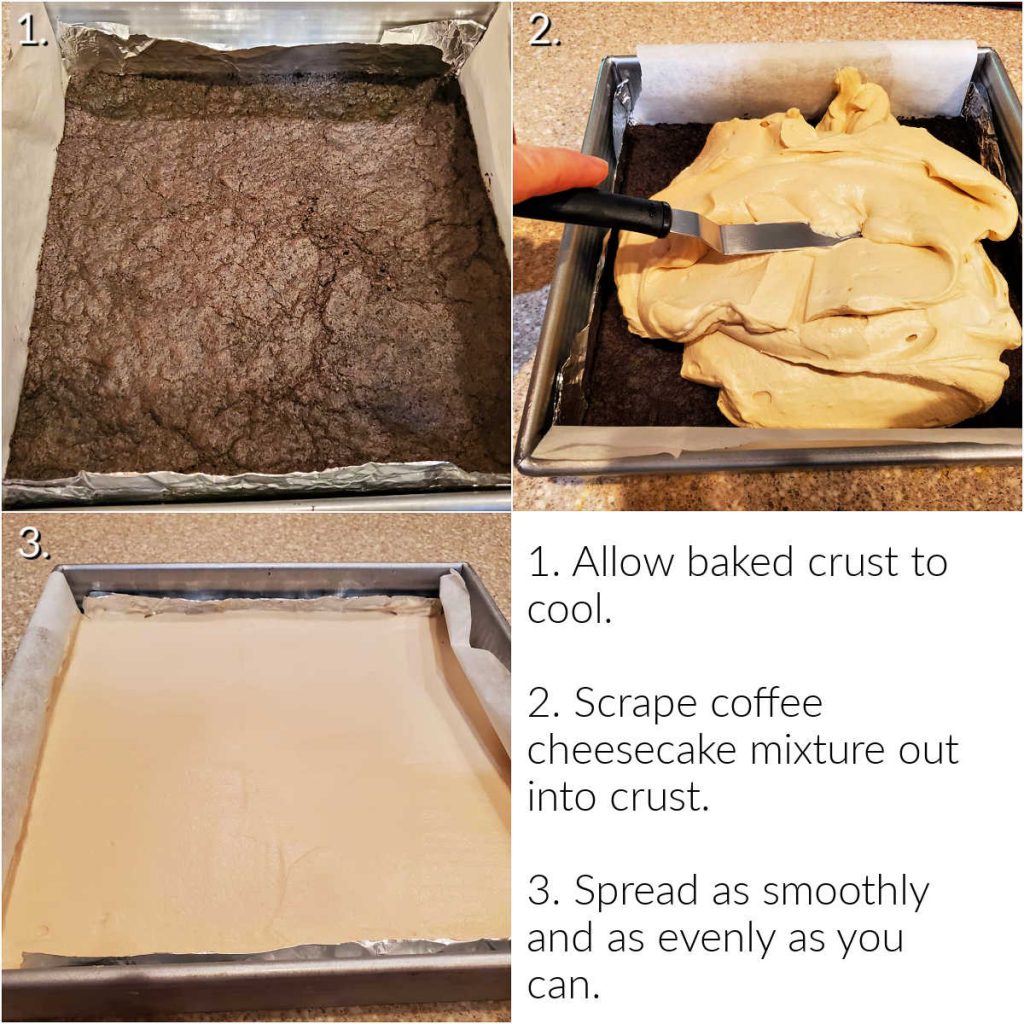 A collage of 3 images and text overlay showing how to spread the coffee filling into the chocolate crust and smooth it out.