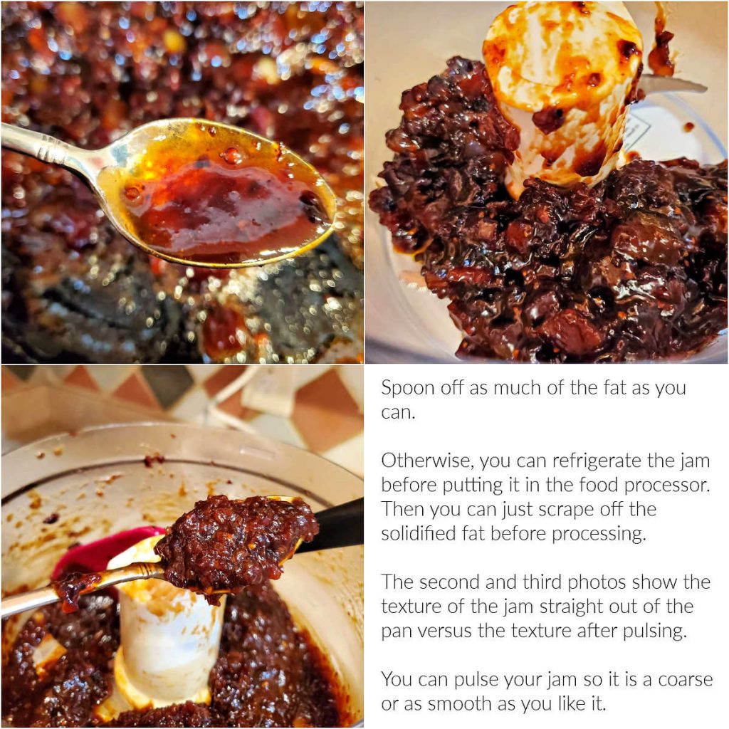 A collage of 3 images of bacon jam showing how to pulse it in the food processor to smooth out the texture. There is also text explaining each photograph in the collage.