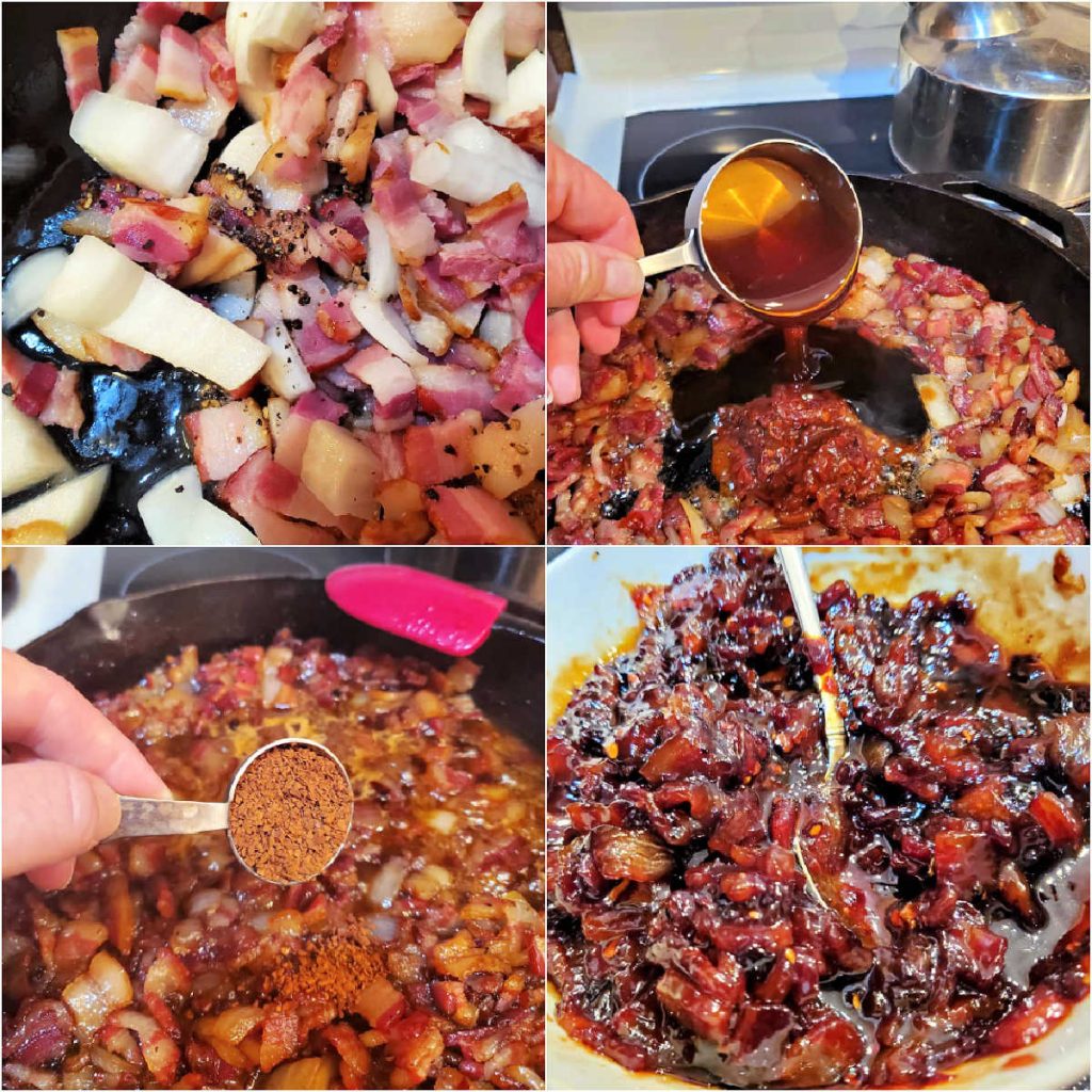 A collage of 4 images showing how to make the jam and when to add ingredients.