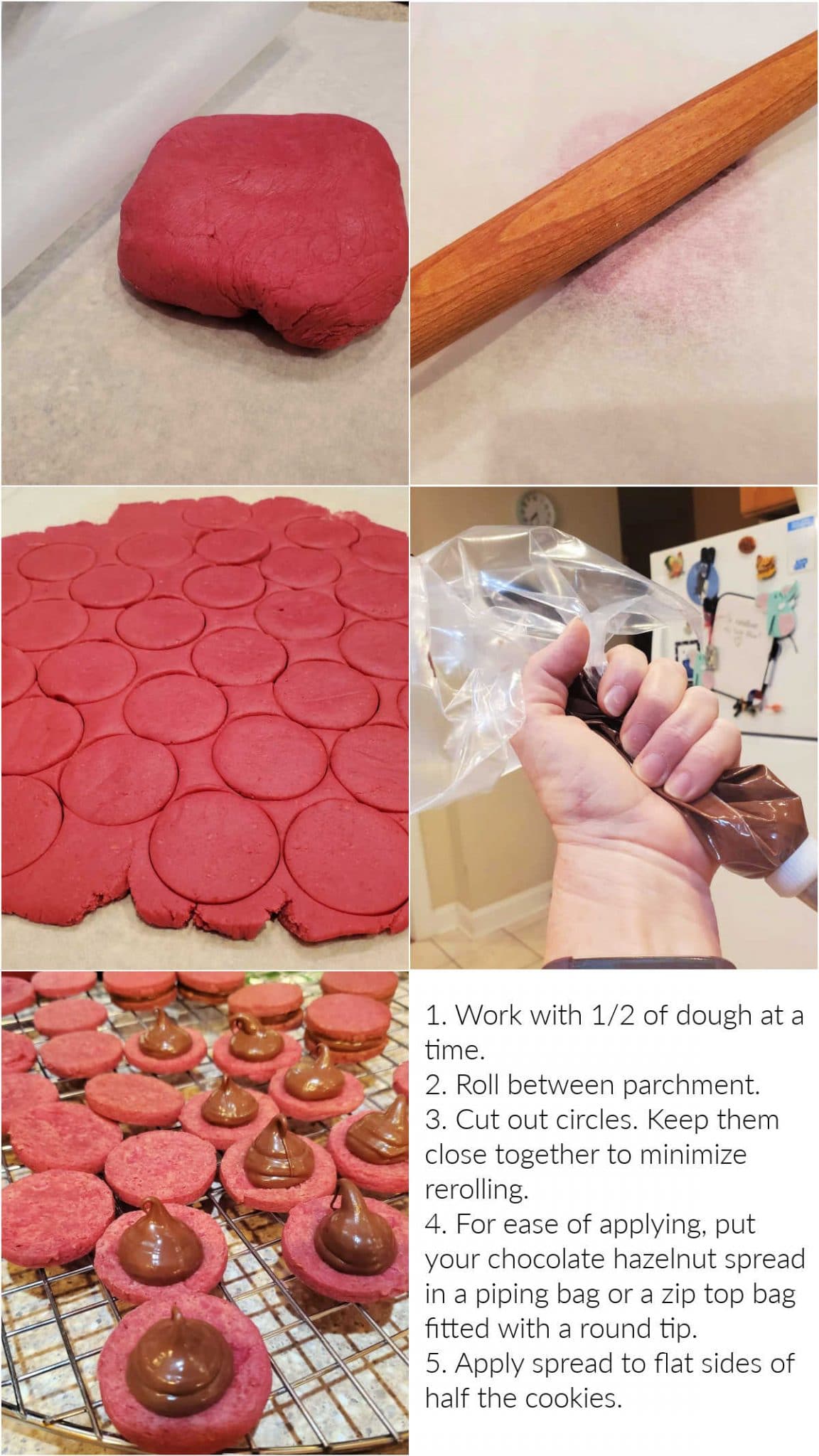 Collage of 5 images showing rolling out dough, cutting the cookies, and piping on the filling with text overlay.