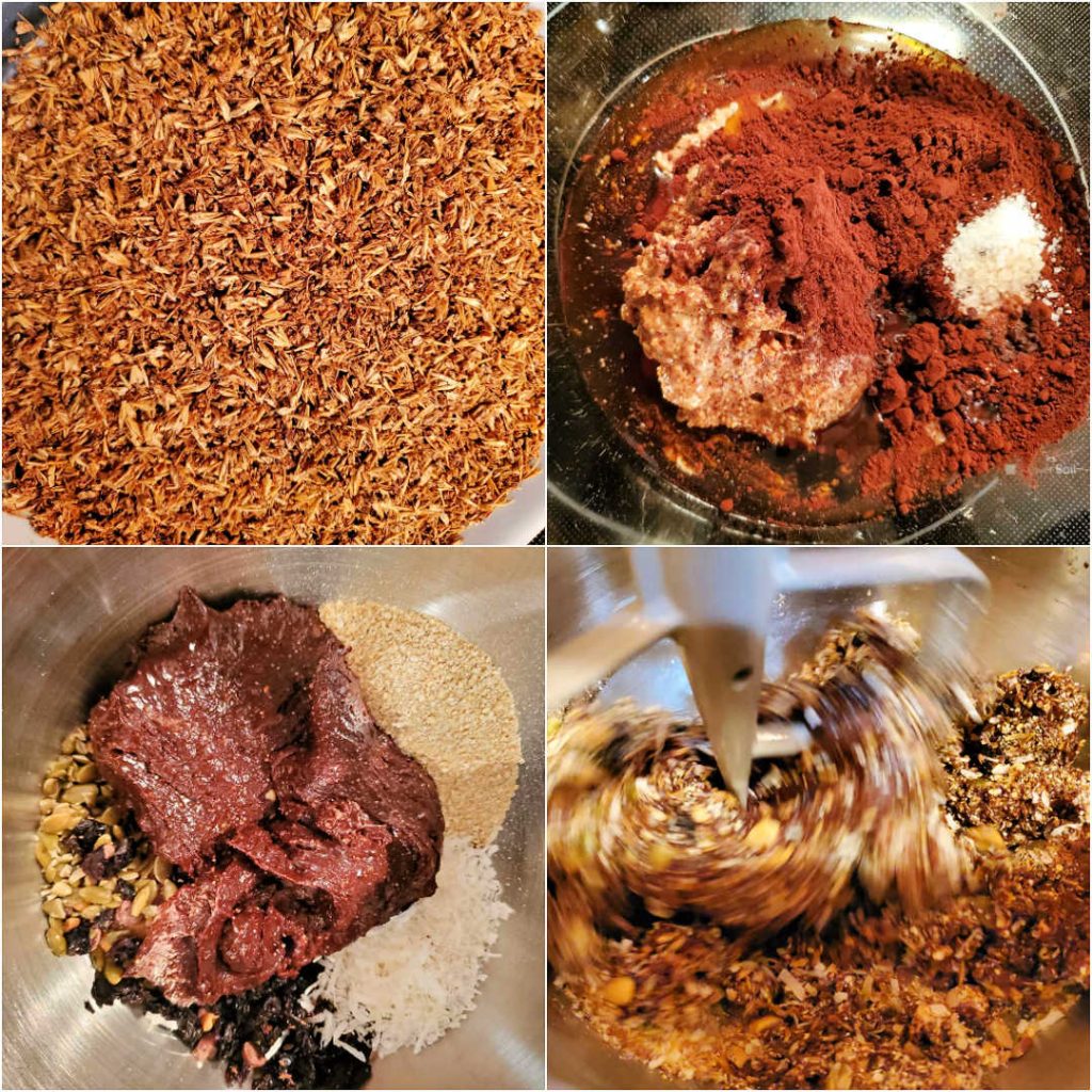 Collage of four images showing dried spent grains, the wet ingredients for the granola, the wet ingredients on top of the dry ingredients, and all the ingredients getting mixed in a stand mixer.