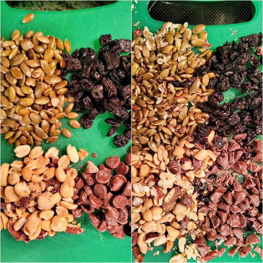2 images showing pepitas, dried cherries, mixed nuts, and milk chocolate before and after chopping.