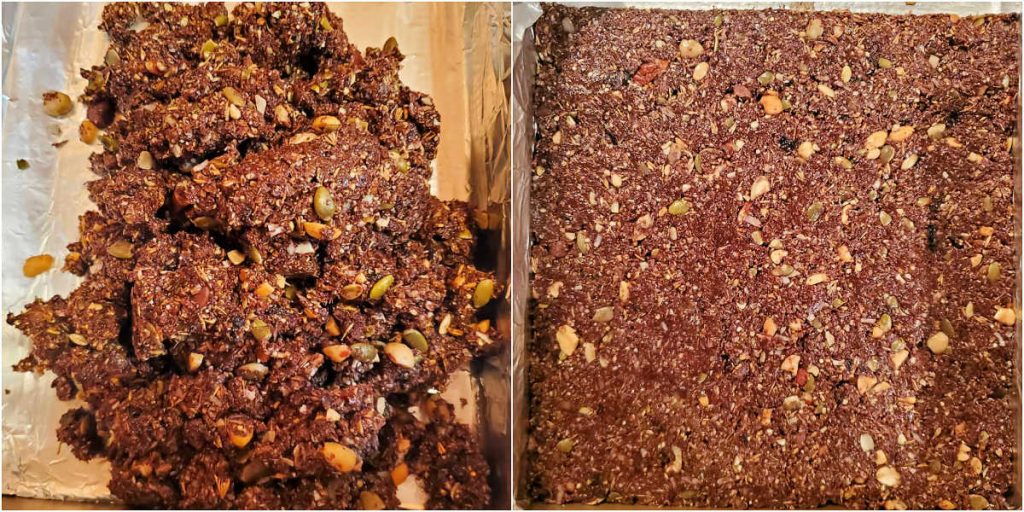 Two images, side by side, one of the granola mix spread in the pan, and the other with the mix packed down tightly into no-bake bars.