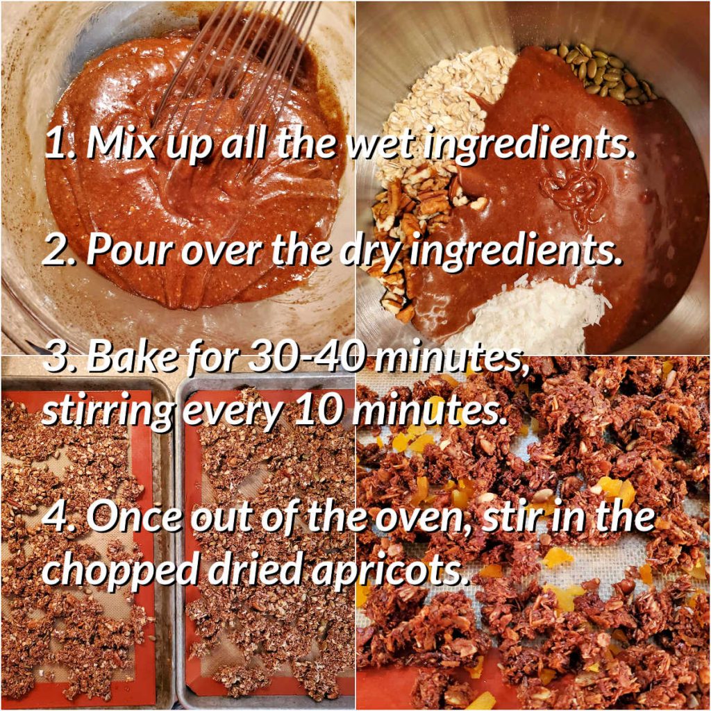 Collage of 4 images showing how to mix and bake granola with text overlay of the explanation.