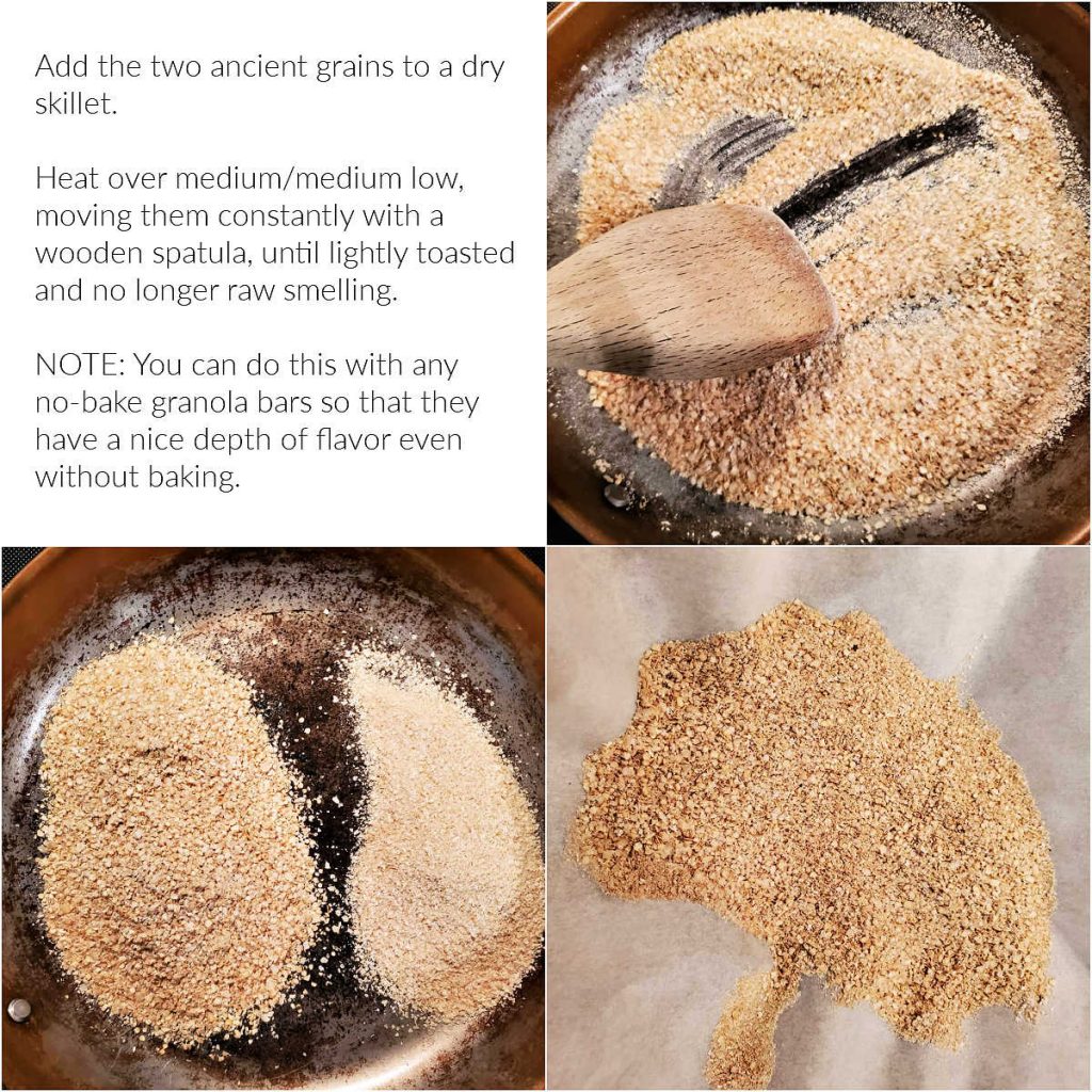 A square collage of images showing how to toast amaranth and quinoa in a skillet with text explaining the procedure.