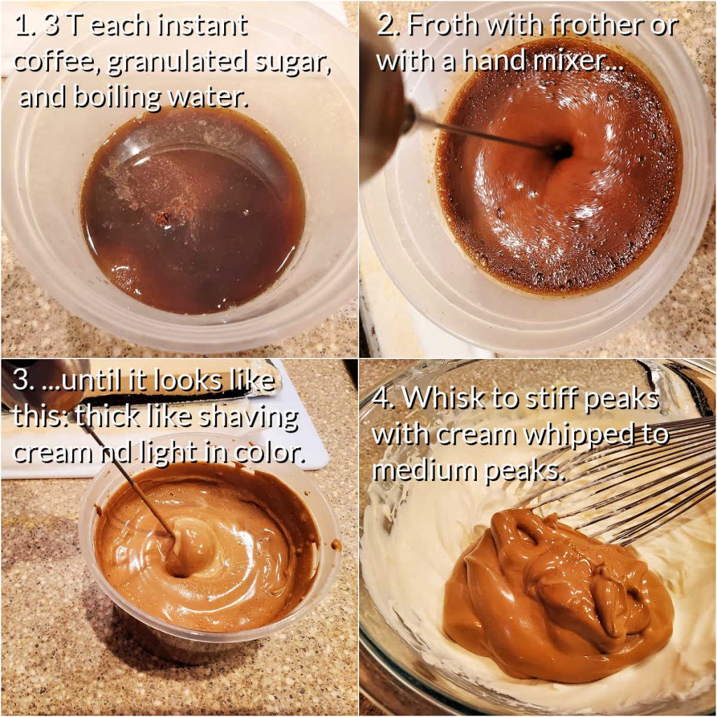 A collage of 4 images showing how to use a coffee frother to beat together instant coffee, hot water, and sugar to make a whipped coffee base for cheesecake topping.