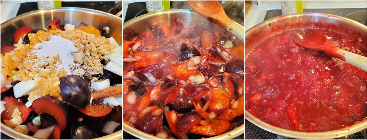 A collage of 3 images showing all the plum chutney ingredients in the pan, the jam as it starts to cook, and the brilliant red color of the cooked jam.