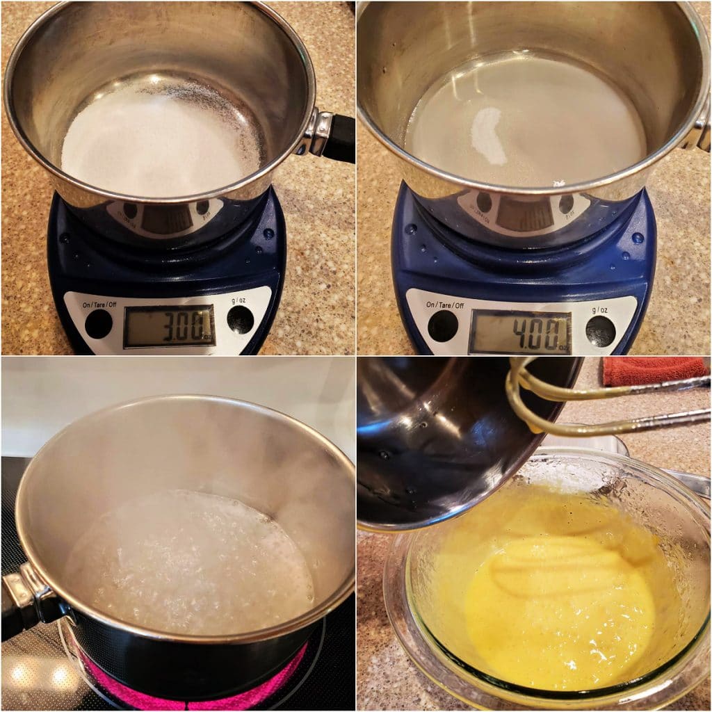 A collage of 4 images showing sugar in a pan, sugar and water in a pan, the sugar and water boiling on the stove, and pouring the sugar syrup into beaten egg yolks.