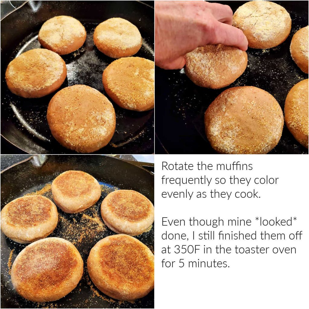 Collage of 3 images showing cooking spent grain English muffins in a cast-iron pan. Text explains to finish them off in a 350F oven for 5 minutes to make sure they are completely cooked through.