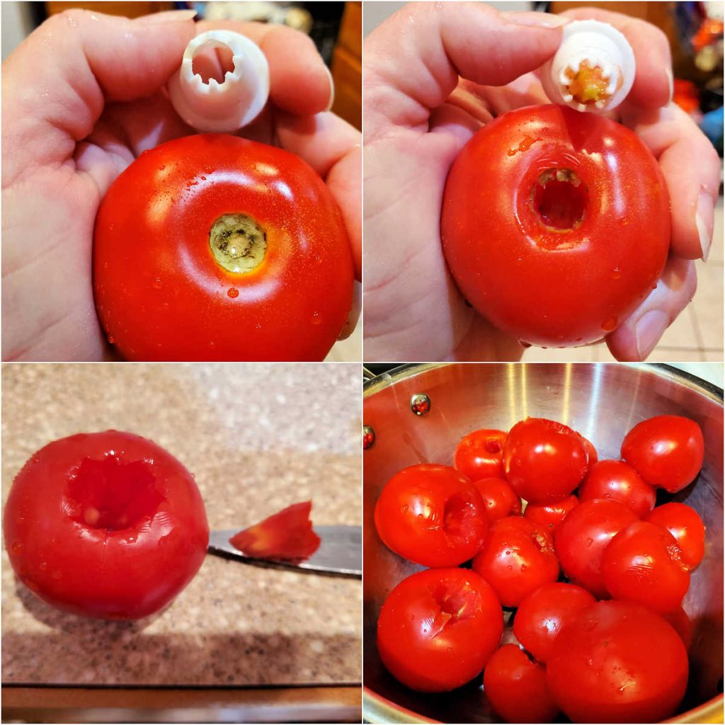 A collage of 4 images showing how to core tomatoes, either with a knife or with a large star pastry tip.