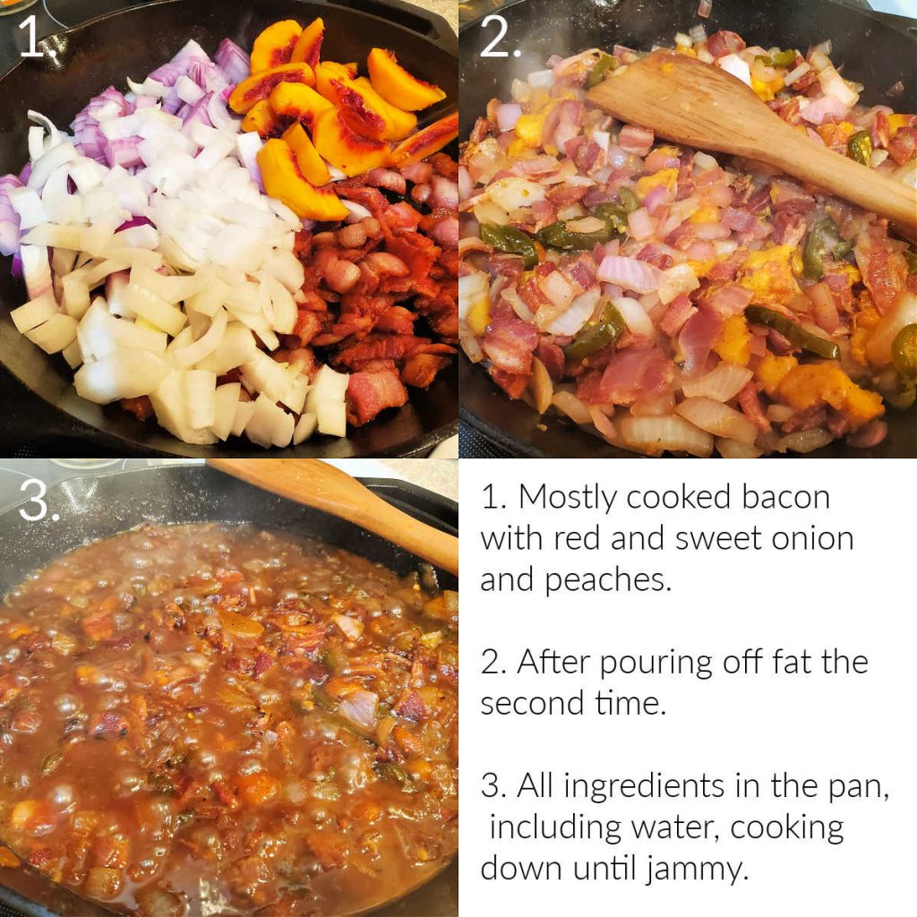 A collage of 3 images showing how to make bacon and peach jam with text overlay explaining each step.