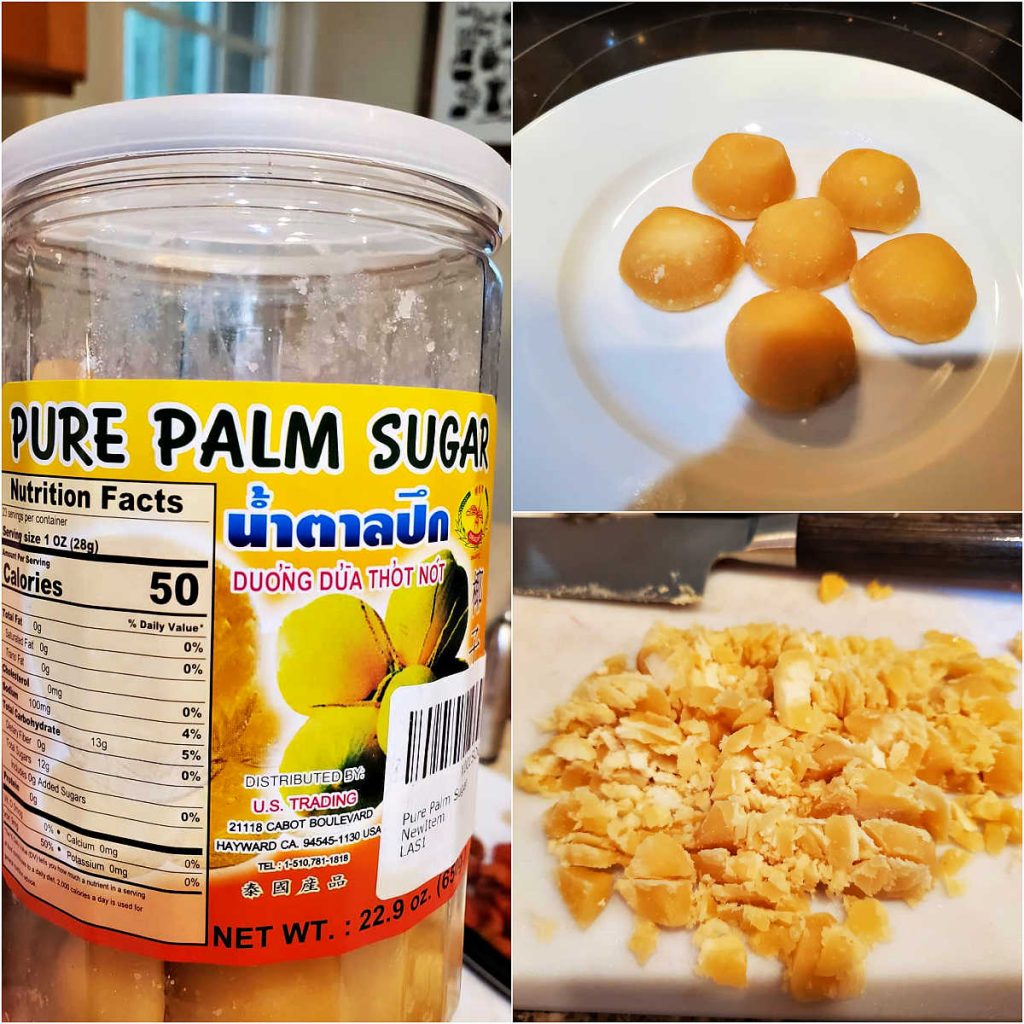 A collage of 3 images, one of a plastic jar of discs of palm sugar, one with 6 of the discs arranged on a white plate, and the third with the palm sugar chopped into small pieces.