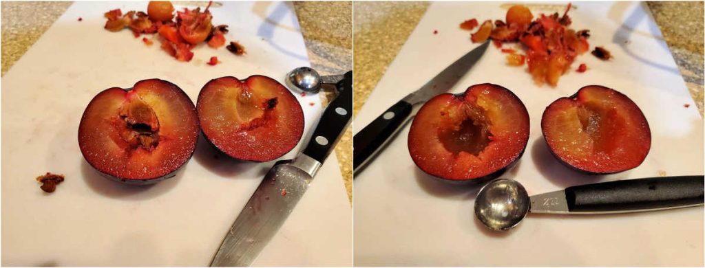 A collage of 2 images showing plums cut in half, one with the pit in it, and one with the pit removed with a melon baller.