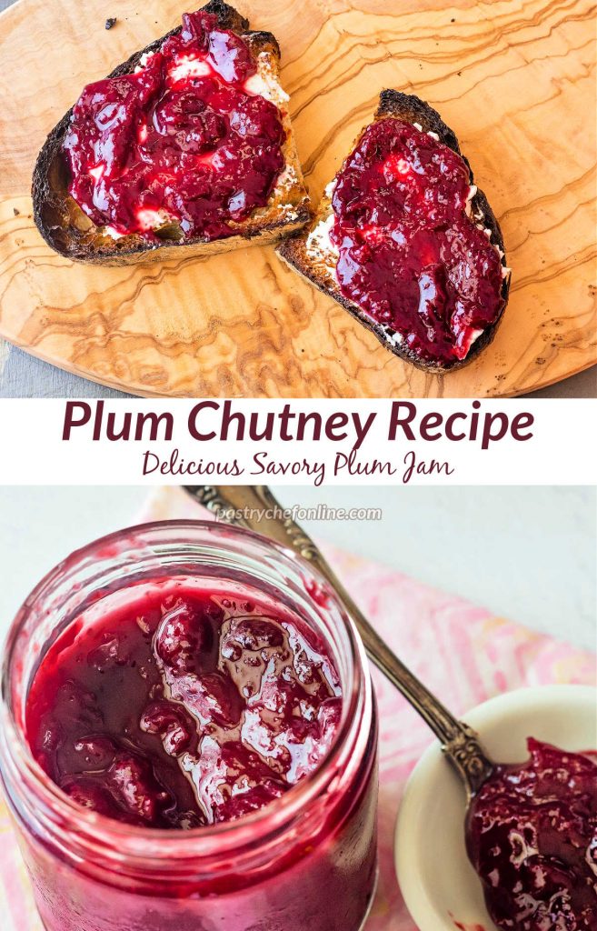 Toast spread with plum jam and a jar of plum jam. Text reads, "Plum chutney recipe. Delicious savory plum jam."