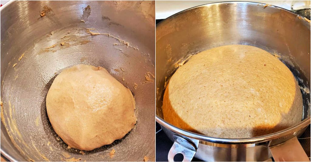 Two images, side by side. The first shows English muffin dough in a round in the bottom of a metal bowl. The second image is of the same dough, much expanded in size, after 1 1/2 hours of rising.