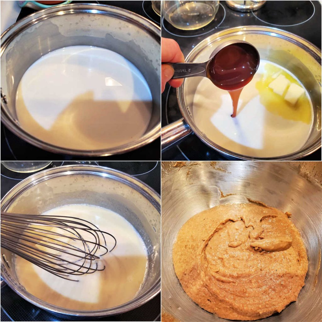 A collage of 4 images showing how to scald milk, add butter and malt syrup, and mix up the sponge ingredients.