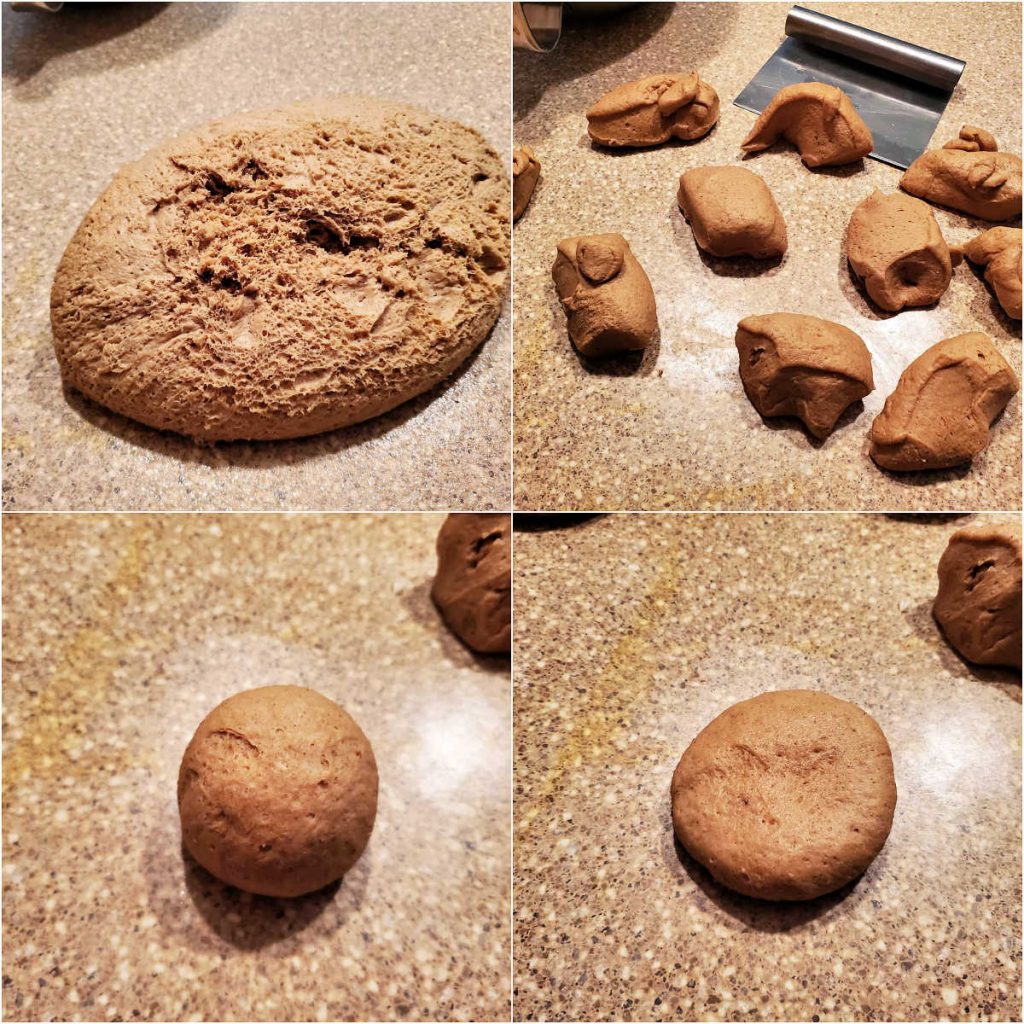 A collage of 4 images showing the dough after rising, the dough cut into 10 pieces, a piece shaped into a ball, and that same piece flattened into a disc.